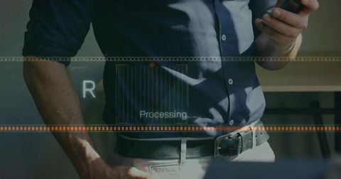 Businessman Holding Smartphone with Digital Processing Interface