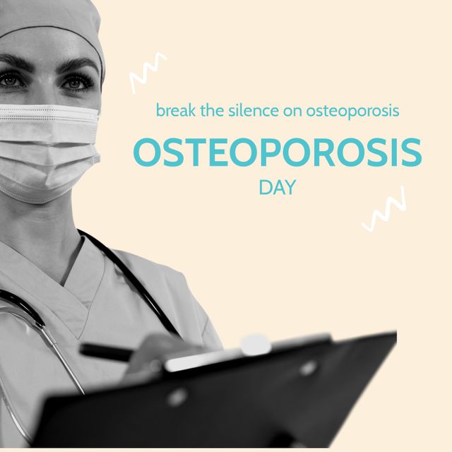 Composition of break the silence on osteoporosis day text with caucasian doctor on beige background. World osteoporosis day and celebration concept digitally generated image.
