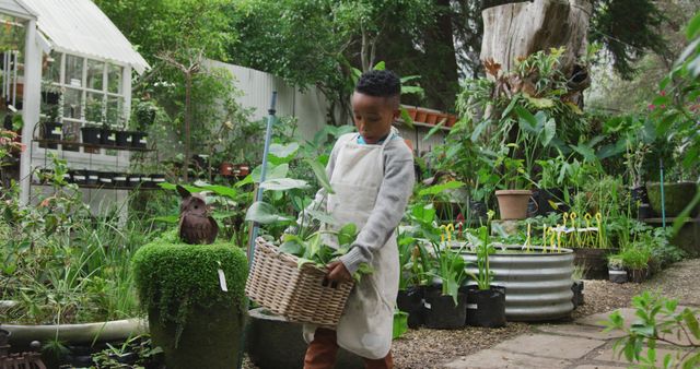 Happy african american boy holding plants in garden. Spending time outdoors, working in garden nursery.