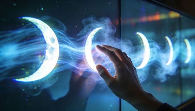 Hand touching glowing crescent on futuristic interactive display with neon smoke trails