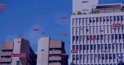 Urban highrise architecture with floating social media ui badges, play subscribe overlays