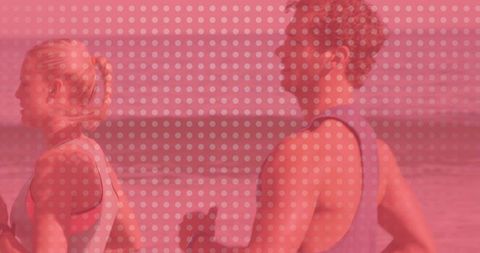 Male and female runners jogging along shoreline with pink dotted halftone overlay fitness
