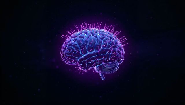 Neon glowing brain with radiating neural filaments, cerebellum and brainstem detail
