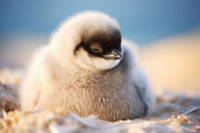 This image depicts a fluffy penguin chick resting on a sandy beach. The soft feathers and peaceful demeanor of the chick convey a sense of innocence and tranquility. Ideal for use in wildlife photography collections, educational materials about penguins, or promoting conservation efforts. This image can also be used to evoke emotions of tenderness and nurturing.