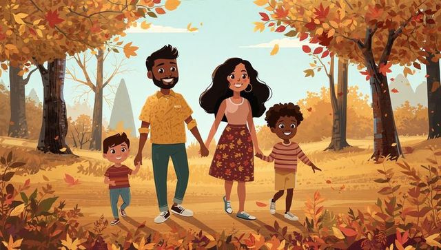 Family walking through autumn forest holding hands on leaf-strewn trail smiling together