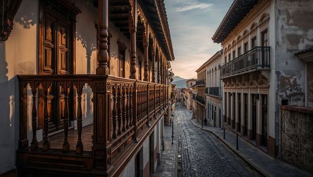 Golden hour showcasing ornate carved wooden balcony overlooking colonial cobblestone street