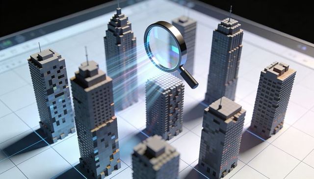 Magnifying glass scanning voxel city grid, ai analytics highlighting digital skyscraper