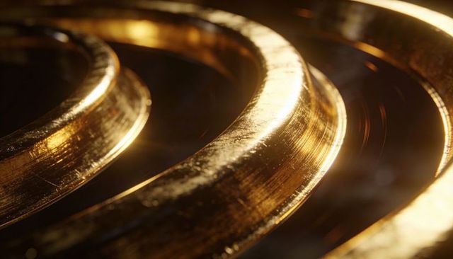 Macro concentric golden rings showing textured reflective brass surface and warm light