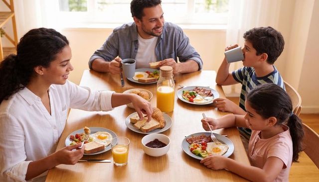 Smiling family sharing sunny breakfast at table with eggs, croissants, orange juice