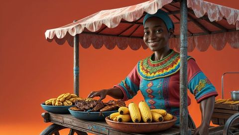 Vibrant haiti vendor offering traditional street food at market stall