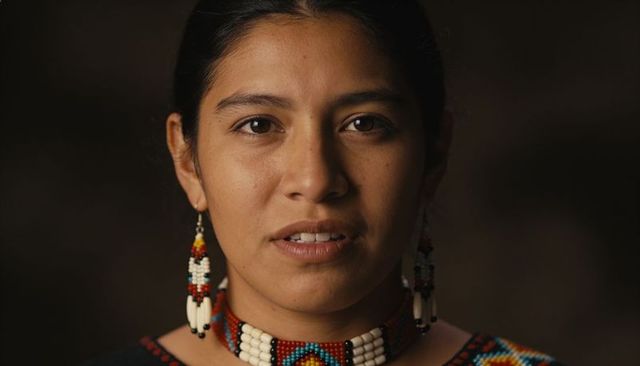 Close-up studio portrait woman wearing colorful beaded choker and patterned woven garment