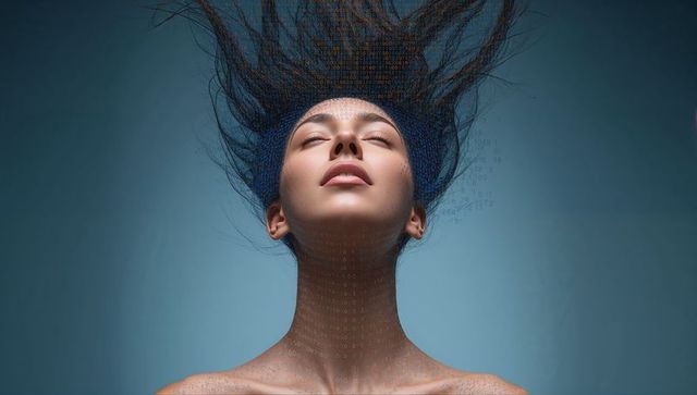 Serene Asian Woman Embracing Digital Mind with Flowing Binary Hair Futuristic Blue Portrait