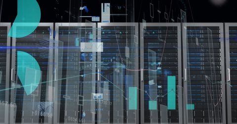 Data processing and digital diagrams overlaying server room