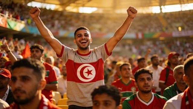 Tunisia football fan celebrating victory raising arms in sunlit international stadium crowd
