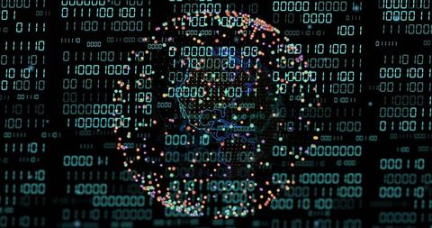 Glowing Holographic Digital Globe Rotating in Binary Matrix with Neon Network Particles