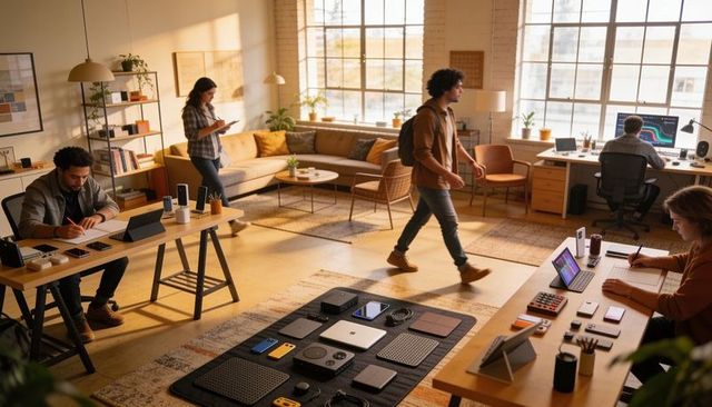 Hispanic man walking through sunlit coworking space with tech prototypes and collaborative team