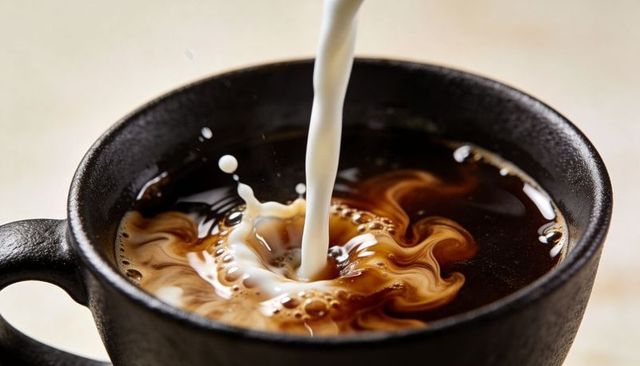Pouring milk into dark coffee creating creamy swirl and droplets in black ceramic mug