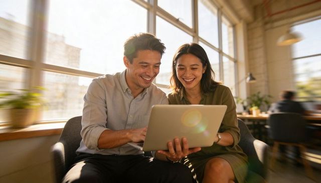 Smiling colleagues collaborating on laptop in sunlit coworking space