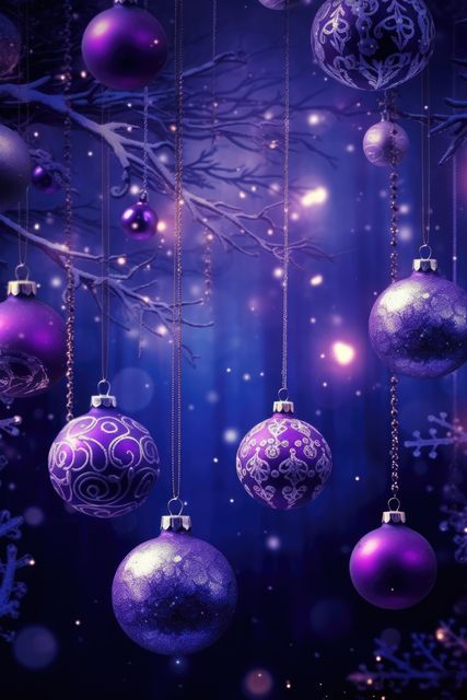 Purple Ornaments Hanging on Christmas Tree with Soft Festive Lights - Download Free Stock Images Pikwizard.com