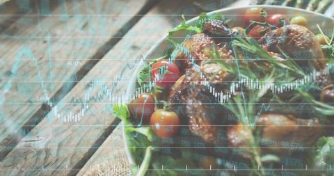 Roasted Chicken Salad Cherry Tomatoes Rosemary Overlaid with Financial Market Charts Trends