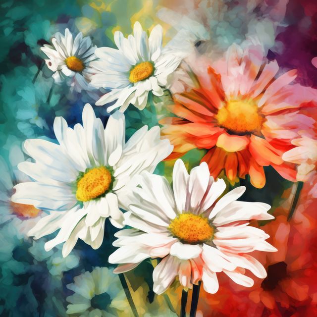 Vibrant watercolor painting of daisy flowers offers a lively, colorful depiction of nature’s beauty. Ideal for interior design, creating cheerful atmosphere in home or office, or as inspiration for floral artworks. Suitable for greeting cards, print posters, decorative albums, or background for digital media.