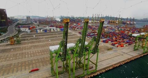 Green gantry cranes towering above busy container terminal with colorful containers
