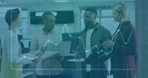 Diverse Business Team Analyzing Data with Rising Graph Overlay