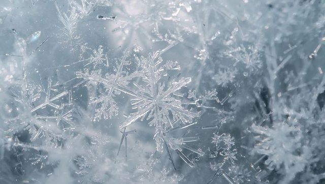 Glinting snowflake crystals forming hexagonal patterns on frosted window macro