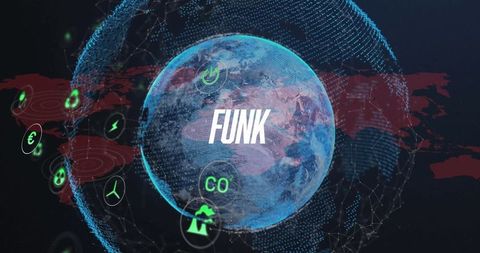 Futuristic Earth Globe with Floating Icons and Text Overlay