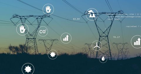 Digital Interface Overlay on Power Lines at Sunset - Download Free Stock Images Pikwizard.com