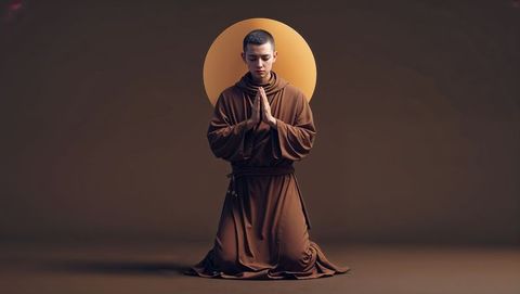 Serene young monk meditating with mystical glow and peaceful aura