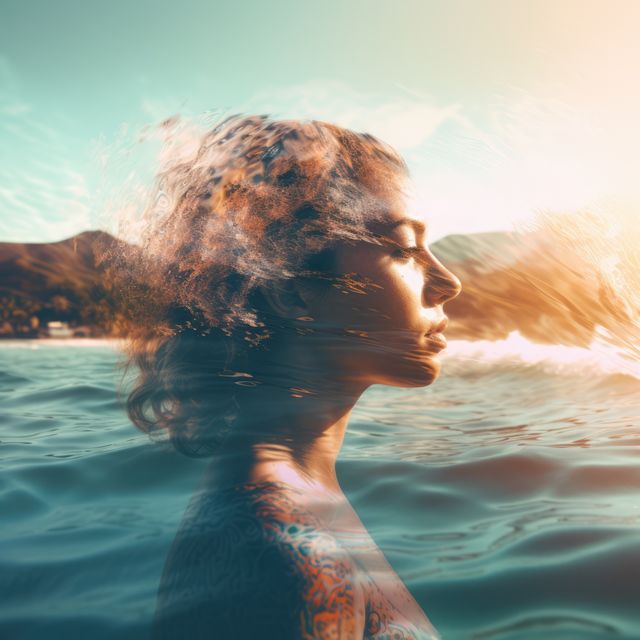 Double exposure with woman's profile and landscape, created using generative ai technology. Double exposure, femininity and nature concept digitally generated image.