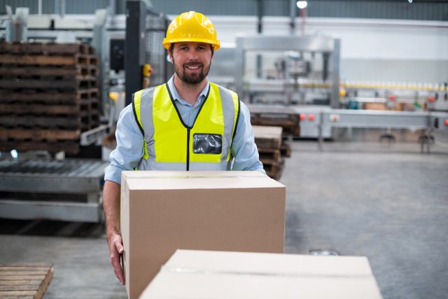 Factory worker carrying cardboard box in warehouse, wearing safety vest and hard hat. Ideal for use in articles about industrial work, logistics, manufacturing processes, and workplace safety. Suitable for illustrating concepts related to manual labor, packaging, and shipping.