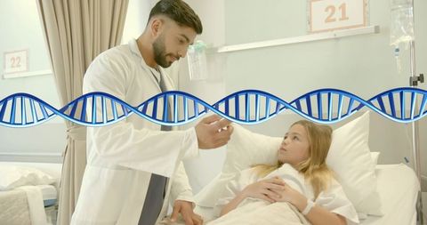 Pediatric doctor attending hospitalized girl with DNA overlay representing genetic care