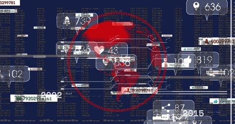 Red skull malware alert overlay on cyber threat dashboard with social media metrics