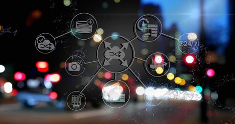 digital network icons over vibrant urban nightscape - Download Free Stock Images Pikwizard.com