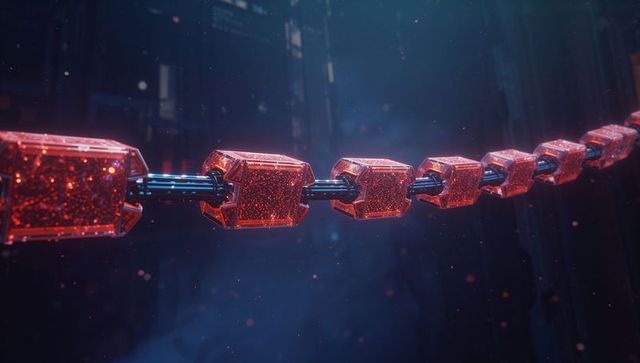 Futuristic red translucent cube chain in tech corridor