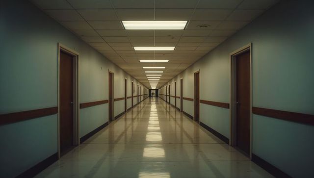 Sleek office corridor with minimalist design and fluorescent lighting