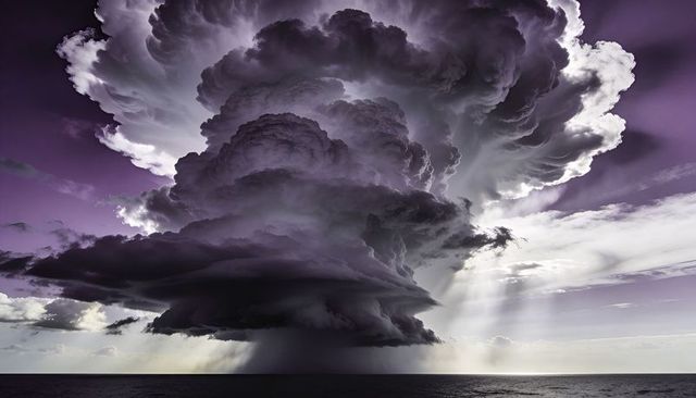 Towering Cumulonimbus Storm Rising Over Ocean, Casting Sunbeams Through Anvil Tops