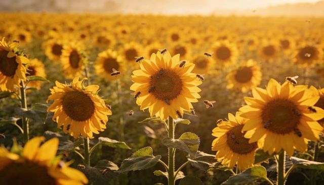 Sunflower field at golden hour with honeybees pollinating bloom, warm backlit summer scene