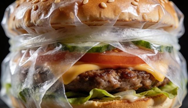 Closeup wrapped cheeseburger with sesame bun, melting cheese, tomato and pickles