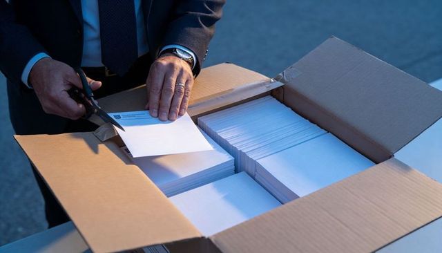 Executive cutting envelope from bulk mail stack at twilight preparing corporate mail