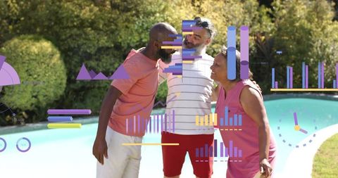 Friends embracing at backyard pool wearing summer clothes with data visualization overlays
