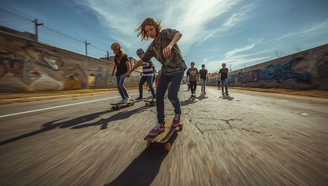 Skateboarders carving sunlit urban channel at golden hour, lead rider in camo
