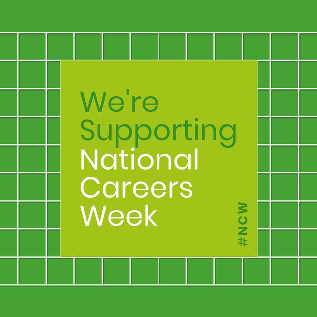 Composition of national careers week text over green squares. National careers week, career and employment concept digitally generated image.