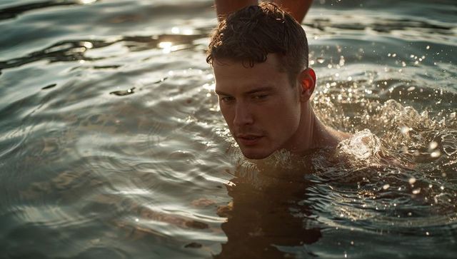 Sunlit man wading in calm sea, head and shoulders emerging with sparkling water at dusk