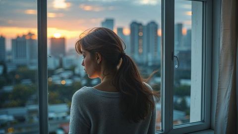Asian Woman Gazing Out Window at Sunset in Modern Apartment