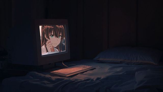 Retro crt monitor with anime character glowing dimly