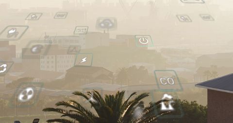 Eco Icons Over Cityscape Indicating Digital Connectivity