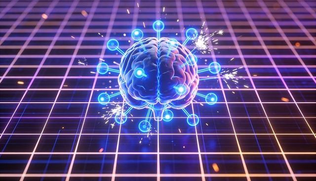 Neon neural network brain with glowing nodes and sparks on futuristic synthwave grid
